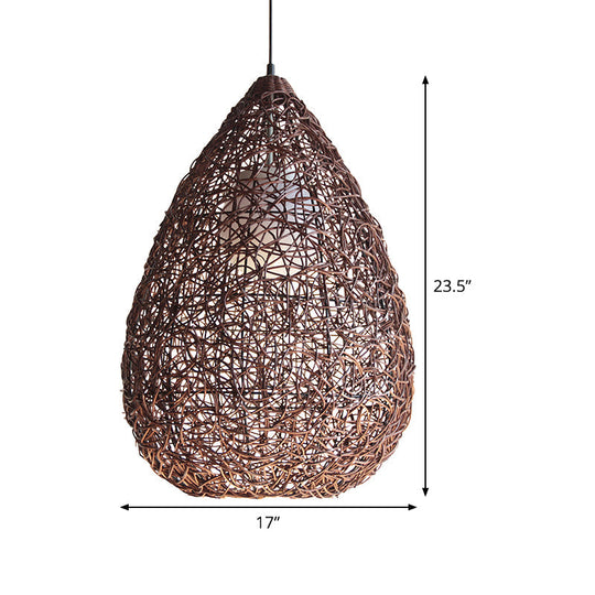 Chinese Single Bulb Hanging Light With Brown Pear Pendant And Rattan Shade - Elegant Lighting