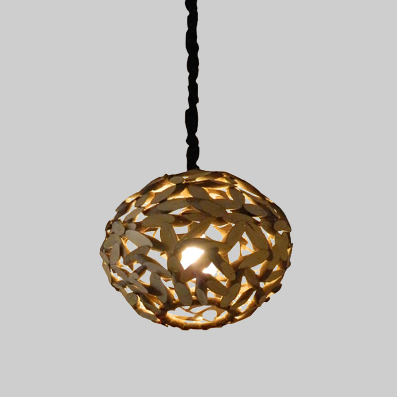 Japanese Wood Pendant Lamp - Single Head Sphere Brown Hanging Light For Bedroom