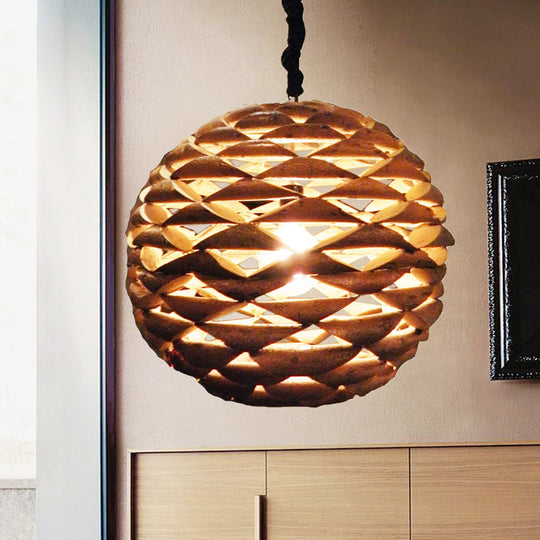 Brown Asian Wooden Pendant Light With Spherical Design And 1 Bulb 12/14 Width Wood / 12