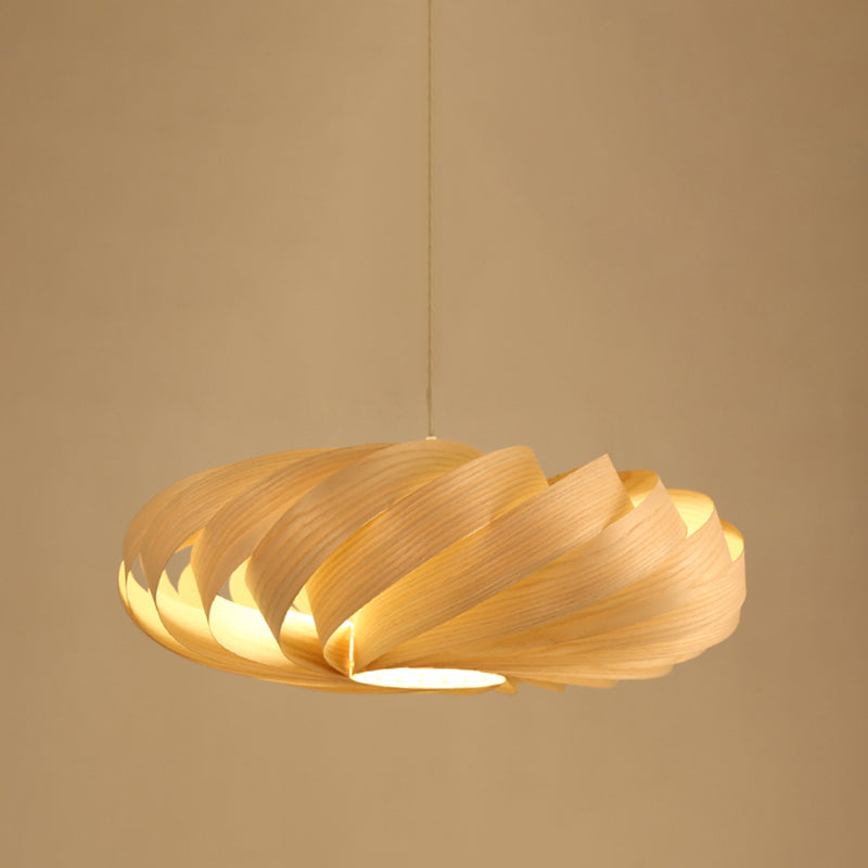 Japanese Swirl Wood Pendant Lighting - 1 Head Beige Ceiling Suspension Lamp For Restaurants