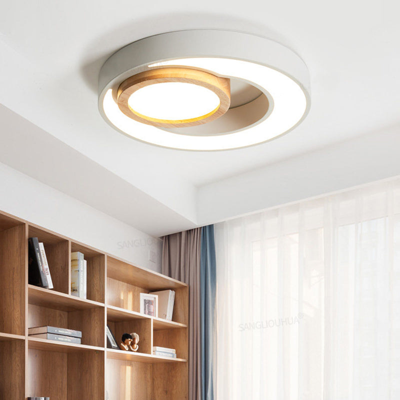 Nordic Green/White/Grey - Wood Led Flush Mount Ceiling Light With Acrylic Double Circles White