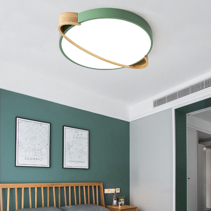 Nordic Acrylic Ceiling Mount Lamp With Led Flushmount Lighting In White/Green/Grey Oval Wood Insert