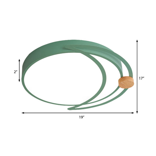 Modern Moon Eclipse Led Bedroom Flush Mount Ceiling Light In Grey/White/Green With Wood Accent