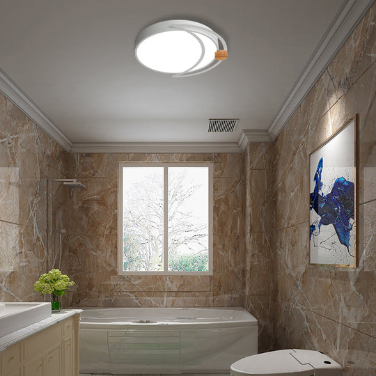 Modern Moon Eclipse Led Bedroom Flush Mount Ceiling Light In Grey/White/Green With Wood Accent