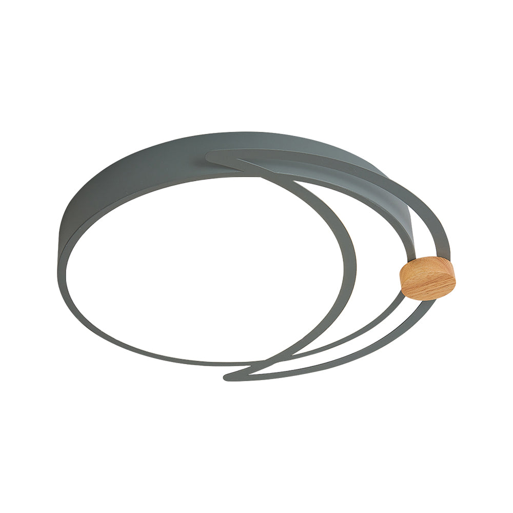 Modern Moon Eclipse Led Bedroom Flush Mount Ceiling Light In Grey/White/Green With Wood Accent