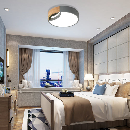 Nordic Iron Grey/White/Green Led Ceiling Light With Wood Grip - 12/16/19.5 Wide