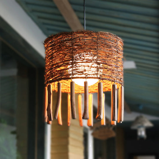 Rattan Drum Ceiling Lamp With Milky Globe Glass Shade
