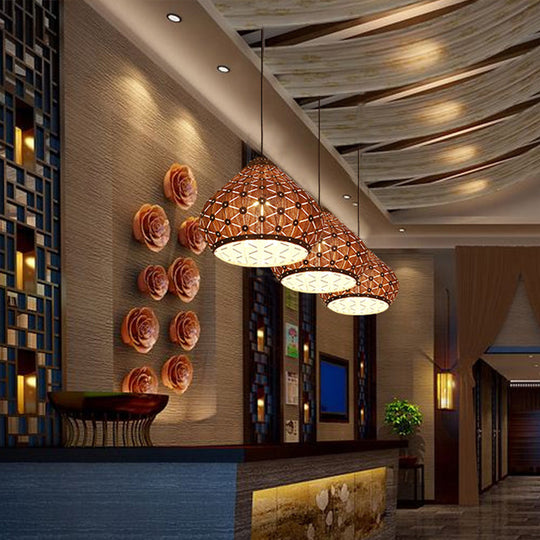 Teardrop Wood Shade Hanging Light Fixture For Bedroom With Asia Brown Down Lighting And 1 Bulb