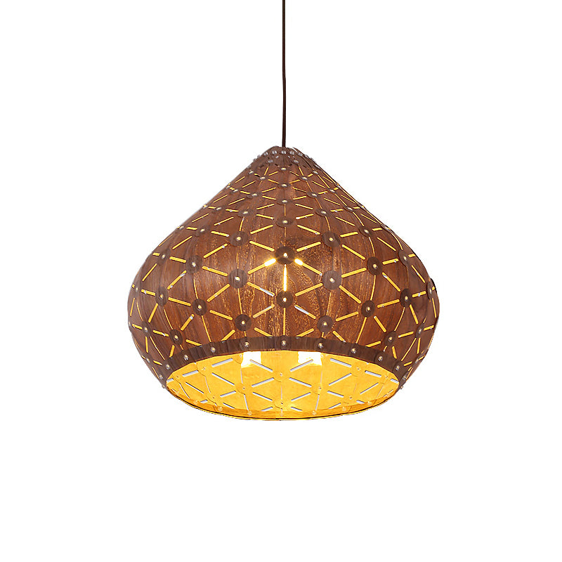 Teardrop Wood Shade Hanging Light Fixture For Bedroom With Asia Brown Down Lighting And 1 Bulb