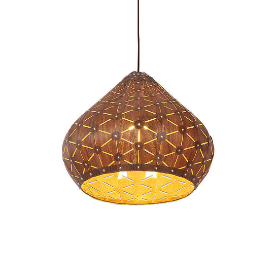 Teardrop Wood Shade Hanging Light Fixture For Bedroom With Asia Brown Down Lighting And 1 Bulb