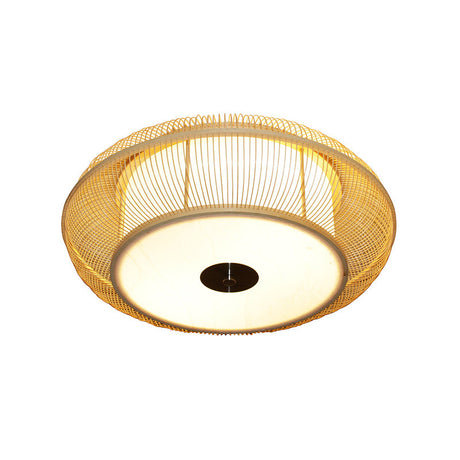 Bamboo Shade Chinese Led Flushmount Ceiling Light In Beige Rounded Drum Design