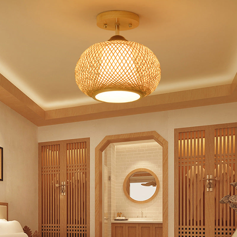 Bamboo Pumpkin Semi-Flush Mount 1-Light Flaxen Ceiling Fixture - 14’/16’ Wide / 14’