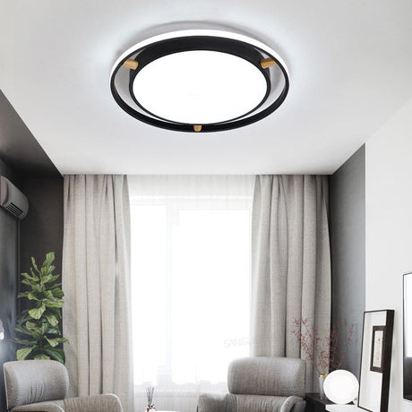 Nordic Dual Circle Led Ceiling Flush Light With Wood Arm - White/Green/Grey Thin Flushmount Lighting