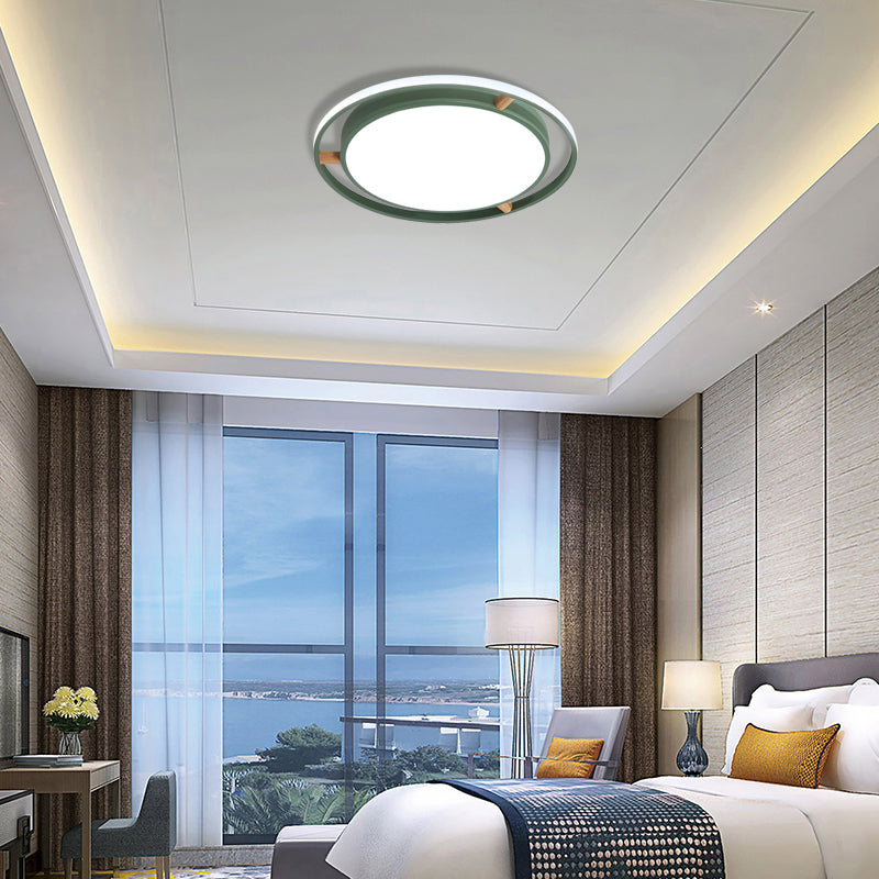 Nordic Dual Circle Led Ceiling Flush Light With Wood Arm - White/Green/Grey Thin Flushmount