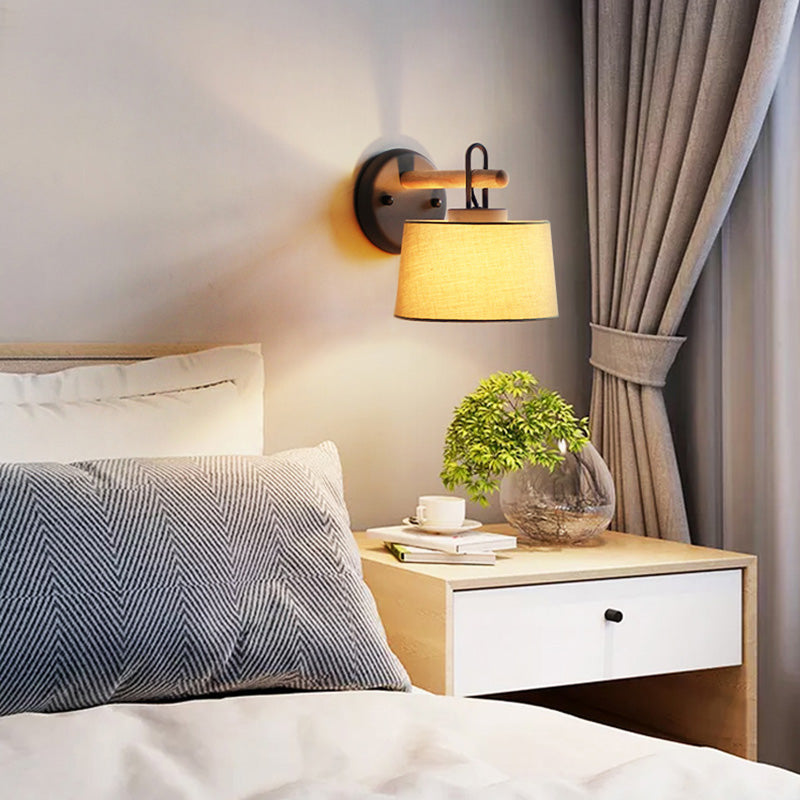 Modern Grey Drum Shade Wall Lamp With Fabric - Bedroom Lighting Fixture