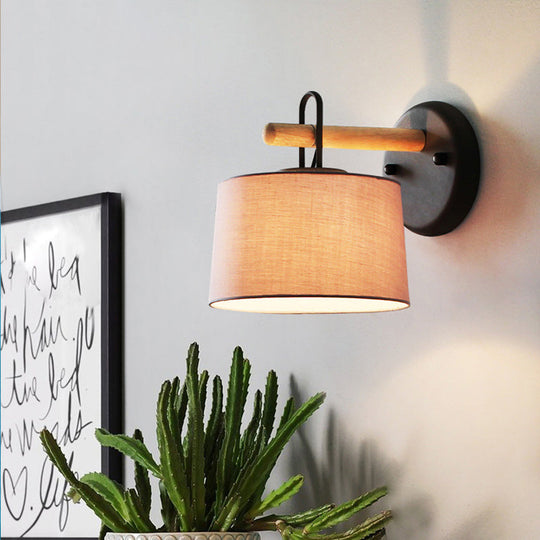 Modern Grey Drum Shade Wall Lamp With Fabric - Bedroom Lighting Fixture