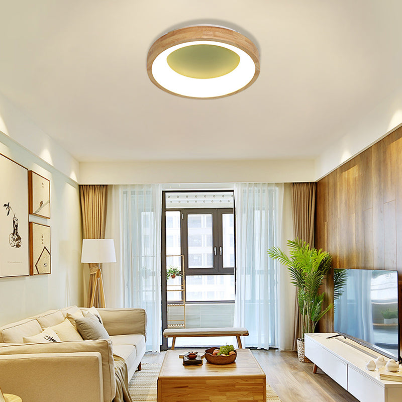 Nordic Style Led Flushmount Ceiling Light - Green/Blue Wood Circular Design 12/16/19.5 Width