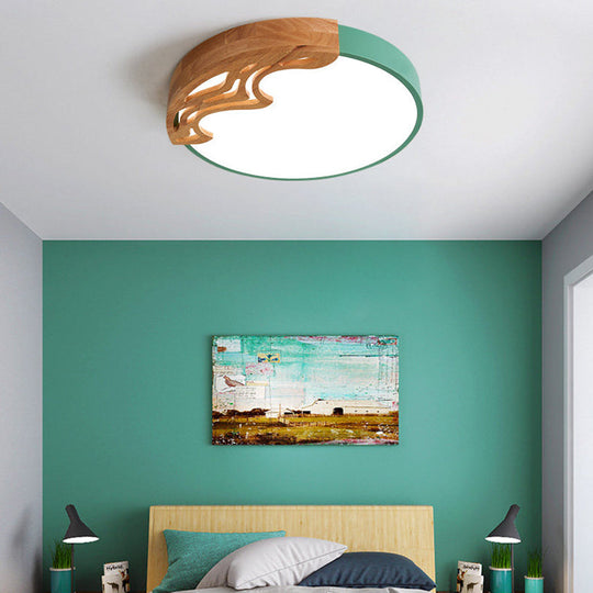 Nordic Led Ceiling Light - Thin Round Acrylic Flushmount With Wavy Wood Pattern White/Grey/Green