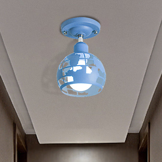 Modern Metal Semi - Flush Light With 1 Head For Hallway - Pink/Yellow/Blue Domed Design Blue