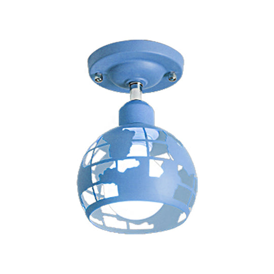 Modern Metal Semi - Flush Light With 1 Head For Hallway - Pink/Yellow/Blue Domed Design