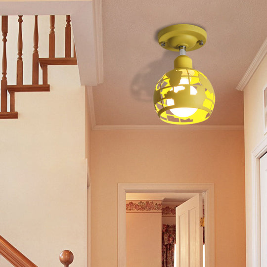 Modern Metal Semi - Flush Light With 1 Head For Hallway - Pink/Yellow/Blue Domed Design Yellow