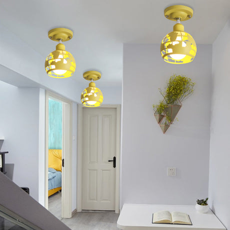 Modern Metal Semi-Flush Light With 1 Head For Hallway - Pink/Yellow/Blue Domed Design