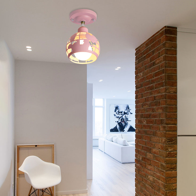 Modern Metal Semi - Flush Light With 1 Head For Hallway - Pink/Yellow/Blue Domed Design