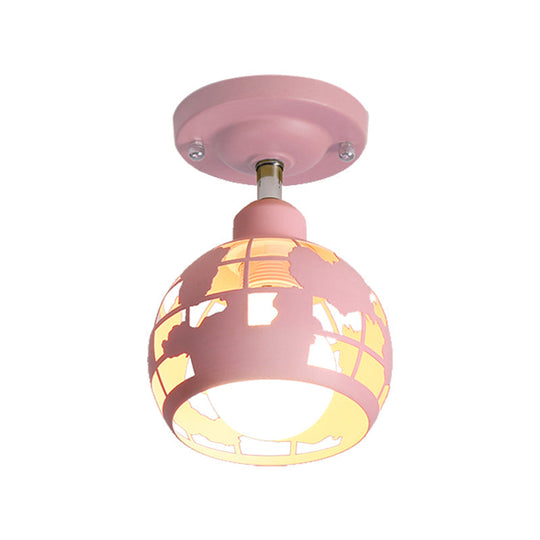 Modern Metal Semi - Flush Light With 1 Head For Hallway - Pink/Yellow/Blue Domed Design