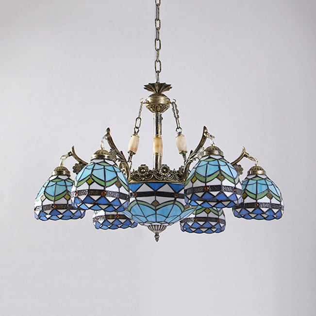 Baroque Stained Glass Pendant Light Chandelier - 9/11 Lights Blue Bedroom Fixture