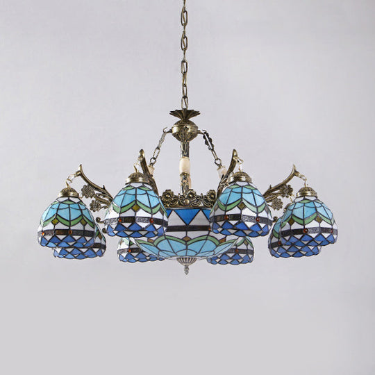 Baroque Stained Glass Pendant Light Chandelier - 9/11 Lights Blue Bedroom Fixture