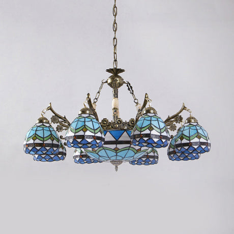 Baroque Stained Glass Pendant Chandelier - 9/11 Lights Blue Bowl-Shaped Fixture For Bedroom
