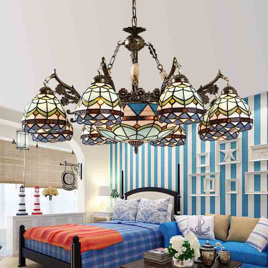 Baroque Stained Glass Pendant Light Chandelier - 9/11 Lights Blue Bedroom Fixture