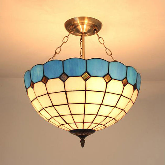 Stained Glass Semi Globe Chandelier With Hanging Rod In Blue/Brown For Foyer Pendant Light Blue