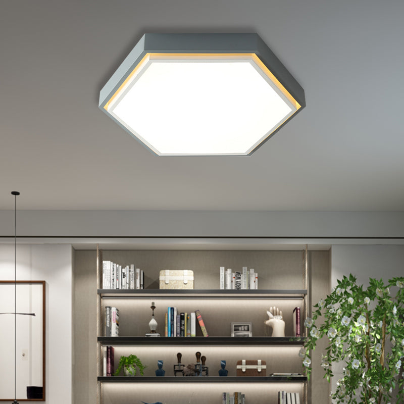 Nordic Hexagon Flushmount Metal Led Ceiling Light - Black/Green/Grey/White 16/19.5 Wide Frosted