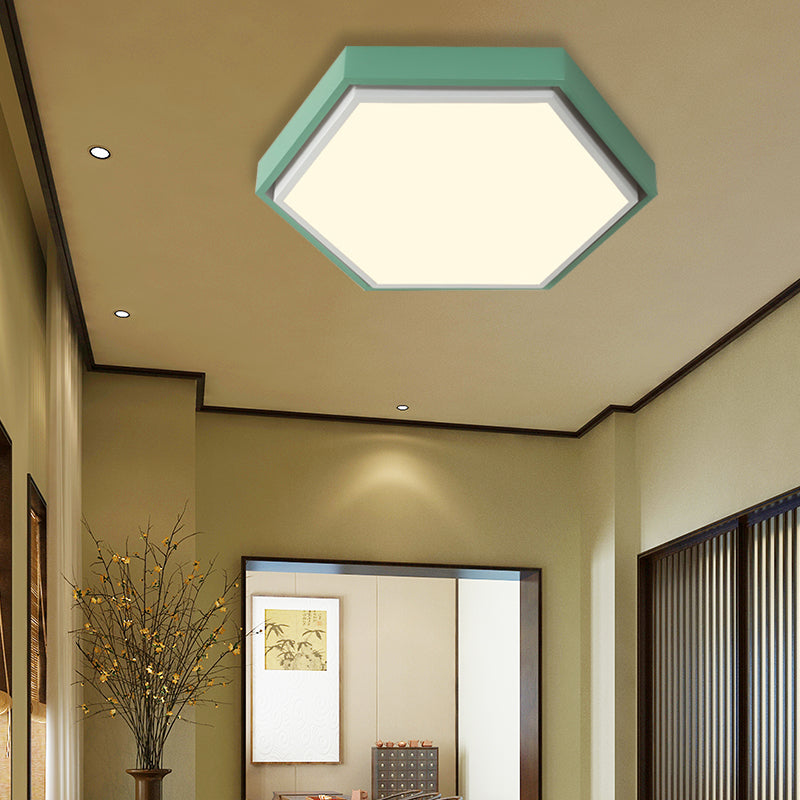 Nordic Hexagon Flushmount Metal Led Ceiling Light - Black/Green/Grey/White 16/19.5 Wide Frosted