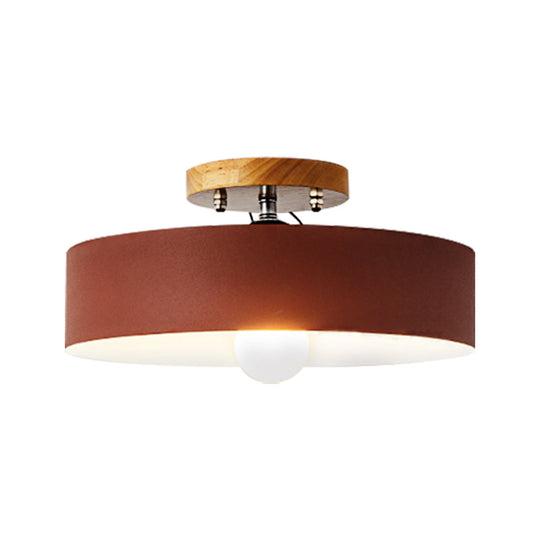 Modern Semi-Mount Drum Light: 1-Light 12’ W Metal Fixture In Gray/White/Red/Pink For Living Room