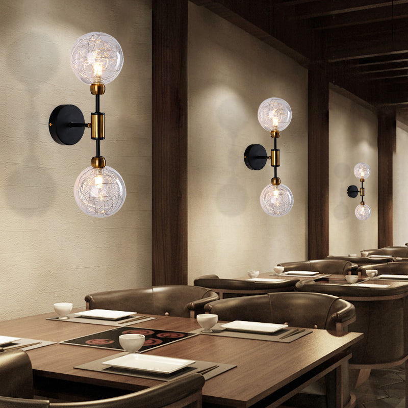 Vintage Clear Glass Wall Sconce Lighting With 1/2 Lights Orb Black/Gold Fixture 2 / Black