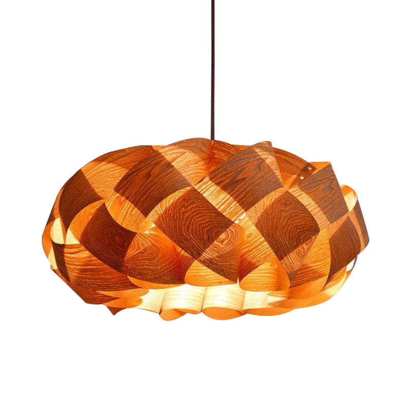 Japanese Rounded Drum Wood Ceiling Light Fixture In Beige - 1 Head Suspended Lighting