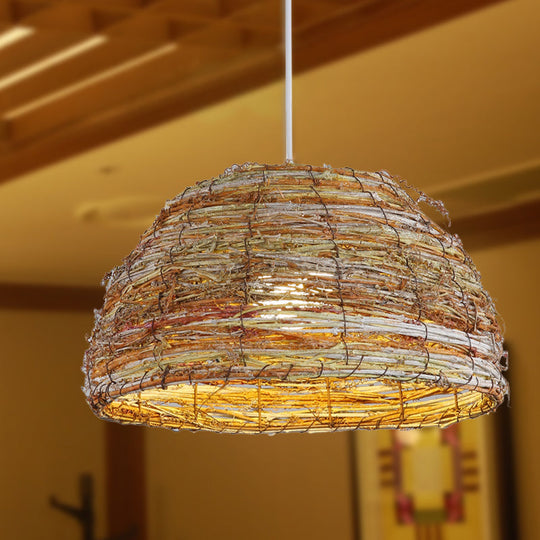 Chinese Rattan Dome Hanging Lamp - Flaxen 1-Head Pendant Light Fixture For Teahouse