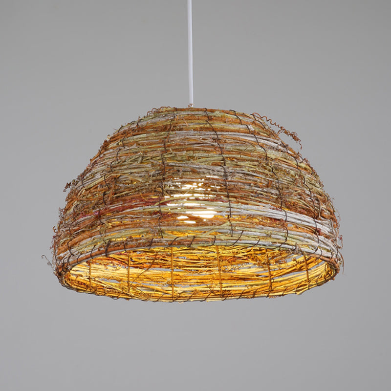 Chinese Rattan Dome Hanging Lamp - Flaxen 1-Head Pendant Light Fixture For Teahouse