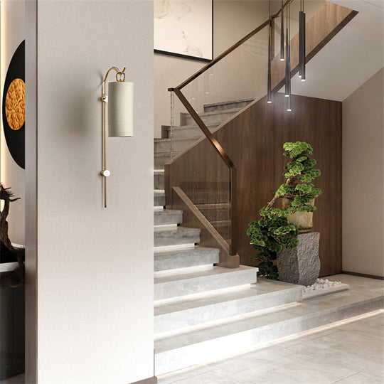 Modern Tube Sconce Lighting With Green/White Fabric Shade - 1 Light Living Room In Black/Gold White