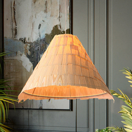 Japanese Wood Flare Pendant Ceiling Lamp - Wide 1 Head Suspension In Beige