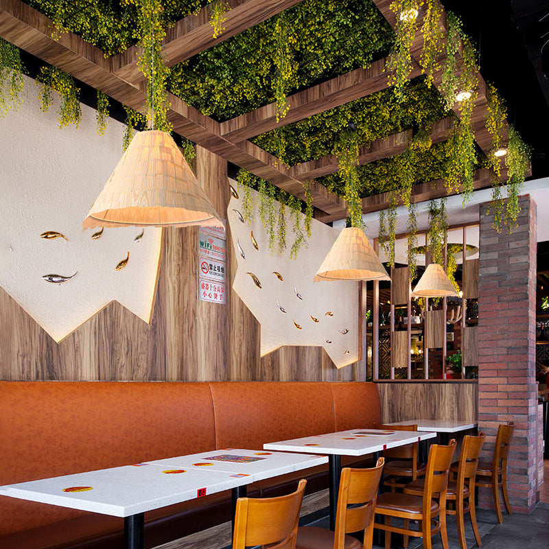 Japanese Wood Flare Pendant Ceiling Lamp - Wide 1 Head Suspension In Beige