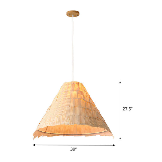 Japanese Wood Flare Pendant Ceiling Lamp - Wide 1 Head Suspension In Beige