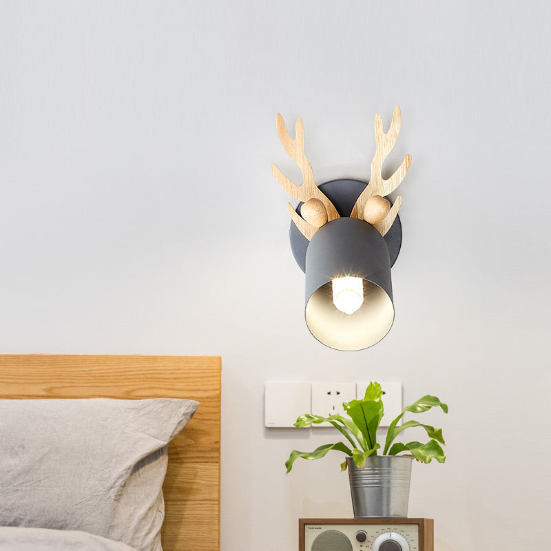 Modernist Metal Wall Sconce With Antler Design And Cylinder Shape For Bedroom Lighting Grey