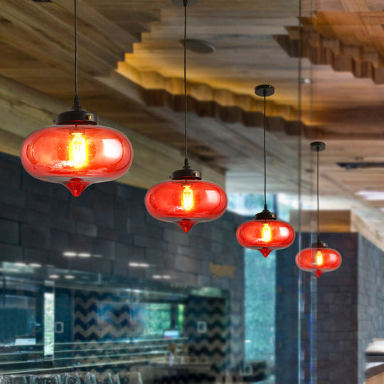 Industrial Onion Shade Pendant Lighting 1 Light: Red/Yellow/Smoke Gray Glass Hanging Lamp For Bar