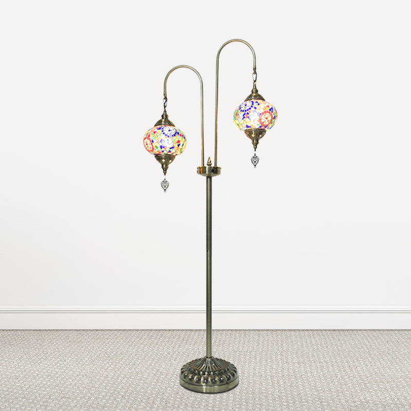 Hand-Crafted Glass Oval Floor Reading Lamp With 2 Lights In Traditional White/Blue/Yellow Design