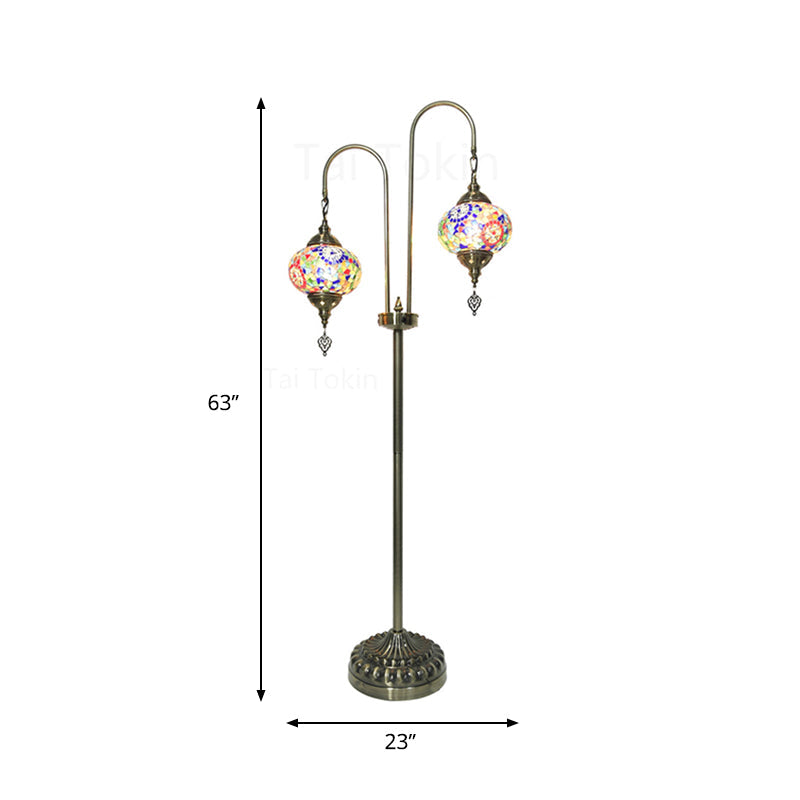 Hand-Crafted Glass Oval Floor Reading Lamp With 2 Lights In Traditional White/Blue/Yellow Design