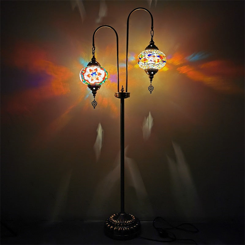 Hand-Crafted Glass Oval Floor Reading Lamp With 2 Lights In Traditional White/Blue/Yellow Design