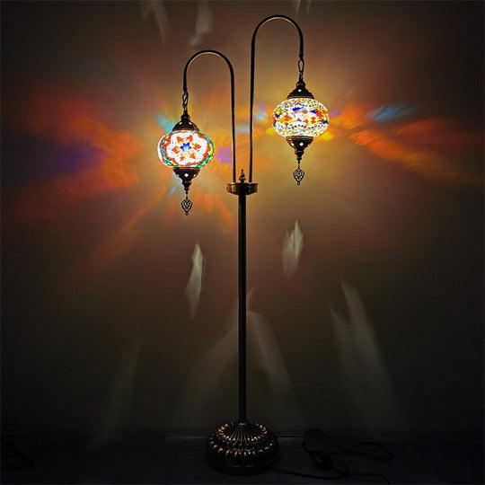 Hand-Crafted Glass Oval Floor Reading Lamp With 2 Lights In Traditional White/Blue/Yellow Design